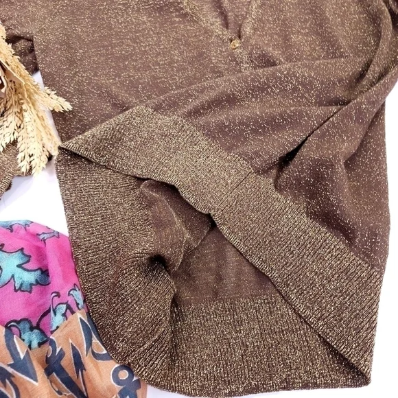 Tory Burch Brown Gold Shimmer Thin Sweater Sz S - Picture 8 of 13